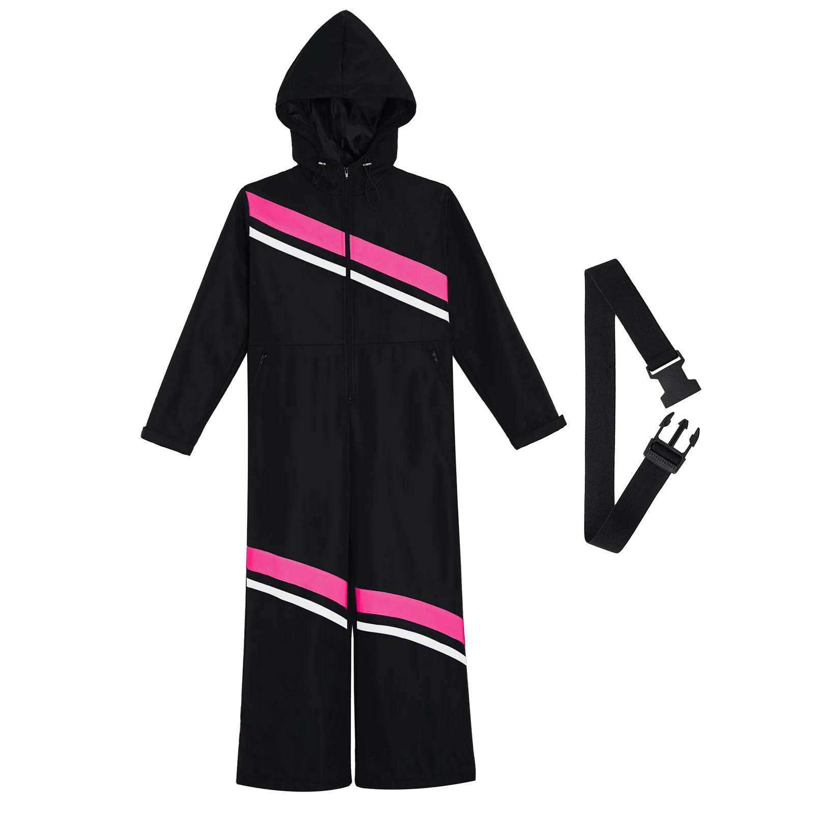 Kids Girls Skiing Snowboarding Costume Long Sleeve Zipper Windproof Hooded Jumpsuit with Belt Snow Sports Ice Skating Sportswear