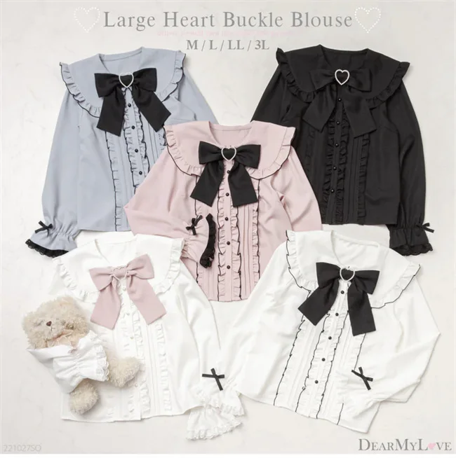 White Kawaii Women Lolita Shirts Bow Hearts Buckle Blouse Y2k Japanese Elegant Puff Sleeve Sweet Tops Office Ladies JK Shirt