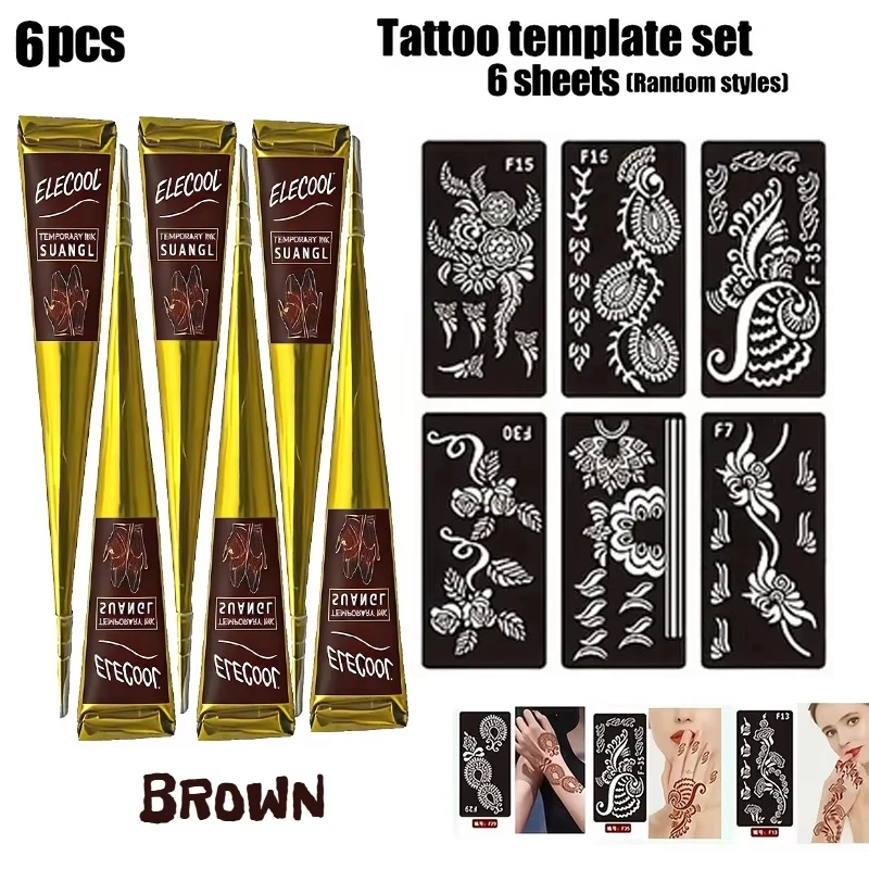 3/6 Set Semi Permanent Henna Paste Brown Black with Stencil Body Paint Waterproof Gentle for Party Festival Cosplay Decor