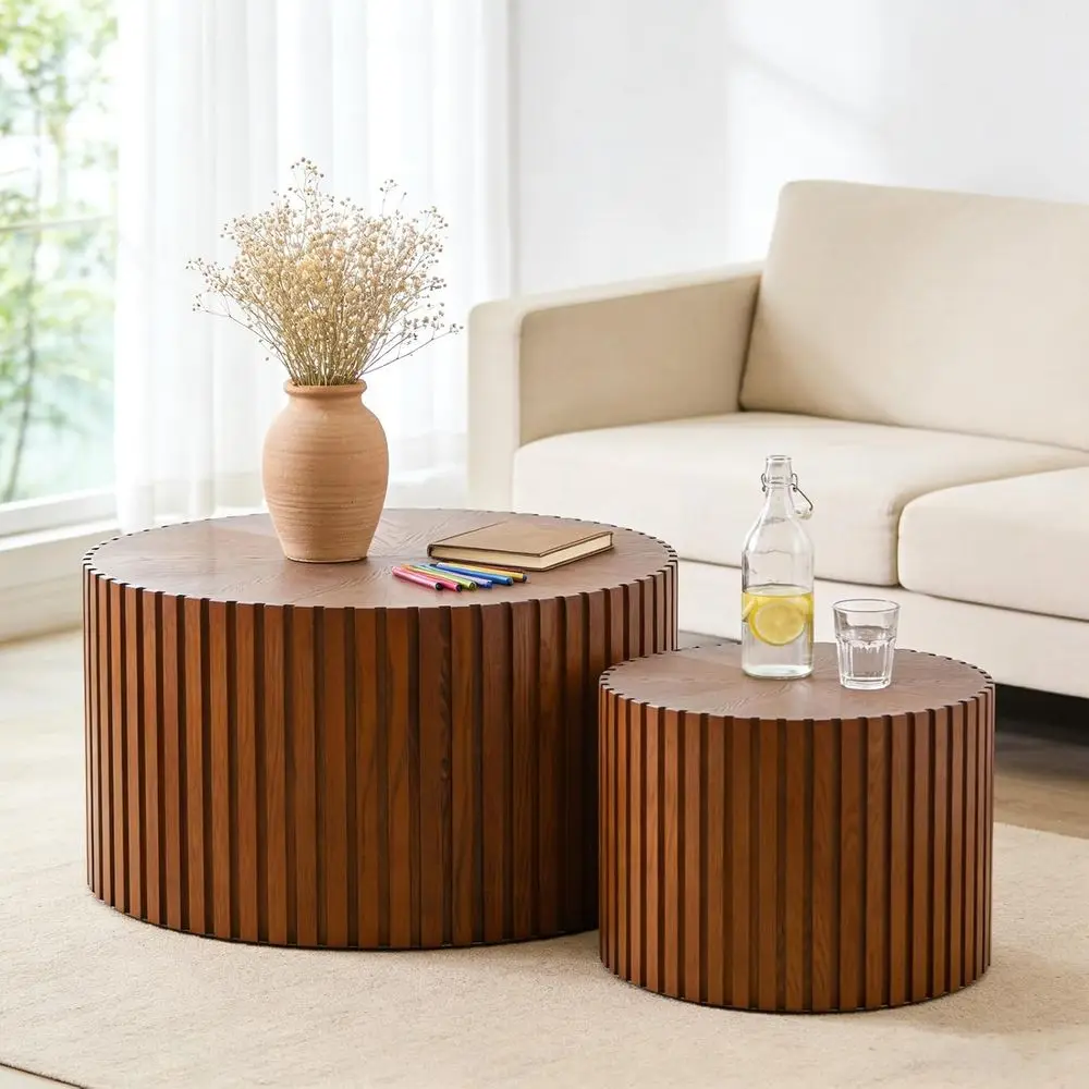 

Walnut Circle Coffee Table with Chic Stripe Edge, Suitable for Living Room (27.6in+19.7in)