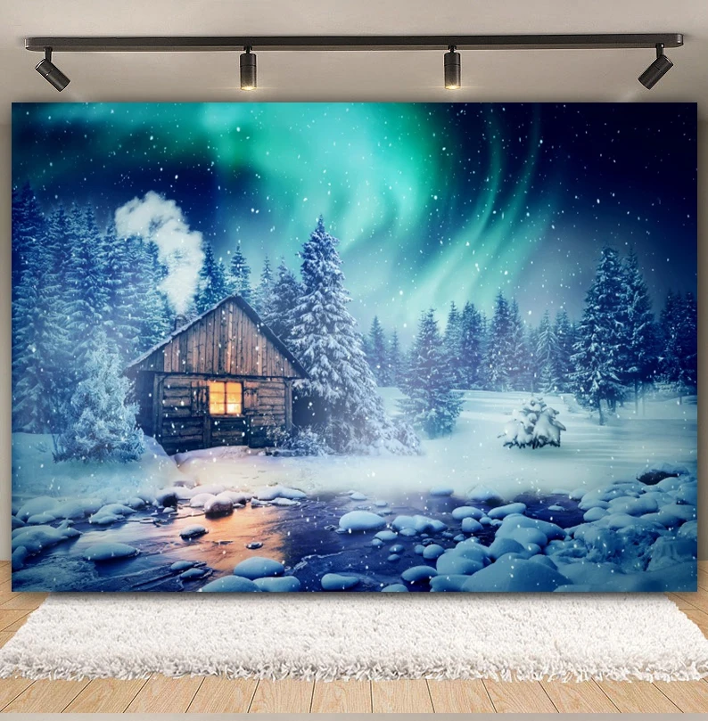 Winter Aurora Christmas Backdrops Photography North Pole Night Snowman Country House Natural Scene Photographic Background Decor