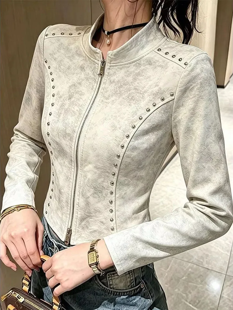 Women American Tie Dye Rivet Stand Collar Slim Long Sleeve Zip Up Cardigan Cool Irregular Hem Jacket Autumn Trendy Top