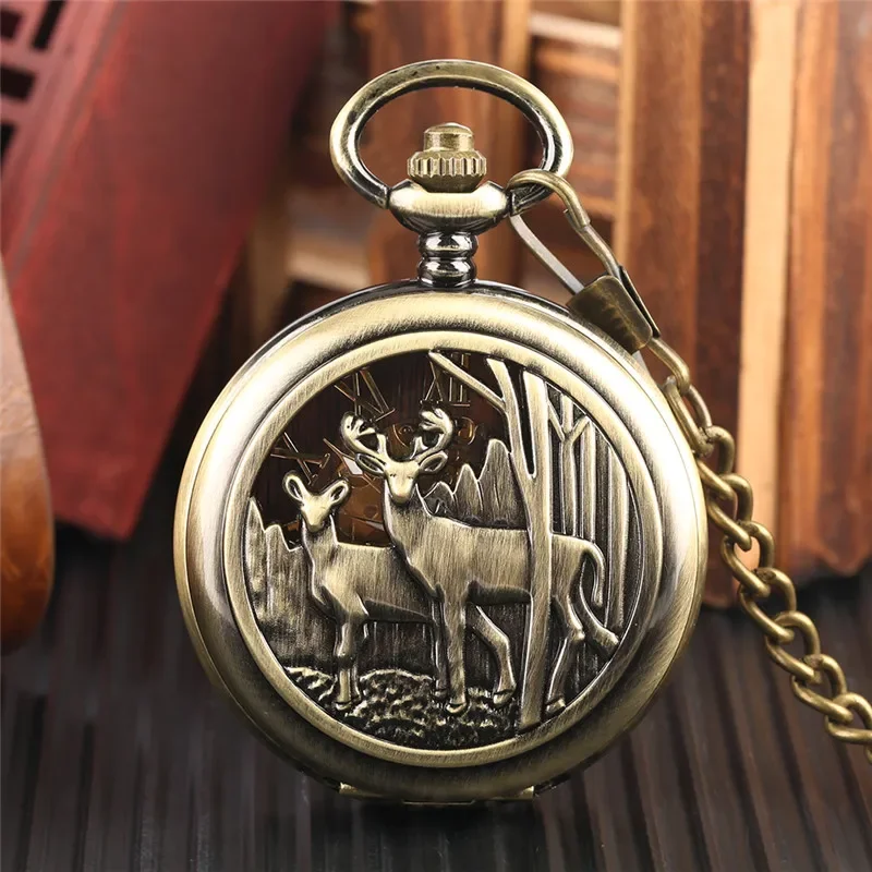 Vintage Style Double Hunter Mechanical Hand Wind Pocket Watch for Men Women Hollow Elk Case Pendant Necklace Chain Gift