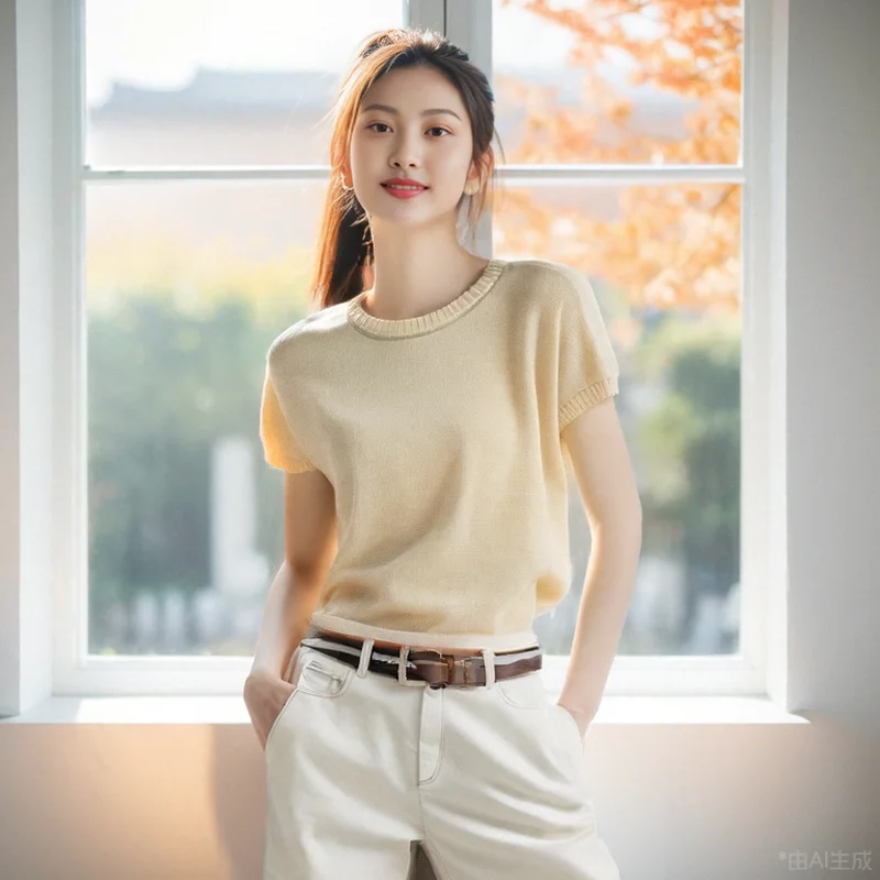 

YG 2024 Fashion Sleeveless Round neck Design 100% Flax Sweater Baggy Casual Khaki Female Korean Lazy Loose y2k Women Thin Summe