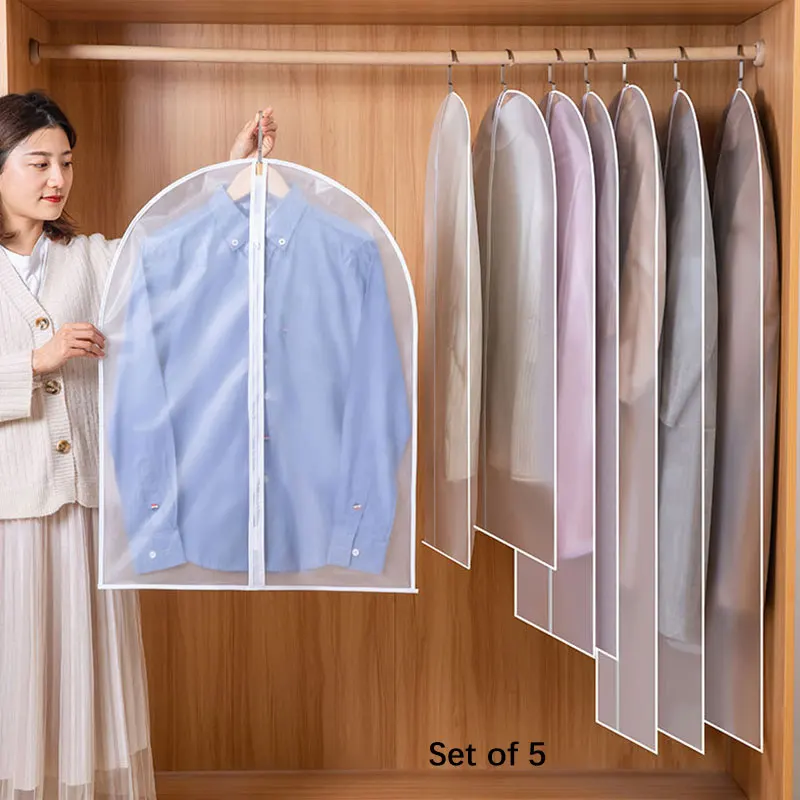 5PCS  Semi Transparent Dustproof Garment Hanging Bag Fully Enclosed Clothes Cover with Zipper Matte Clothing Bag for Coat Suit ﻿