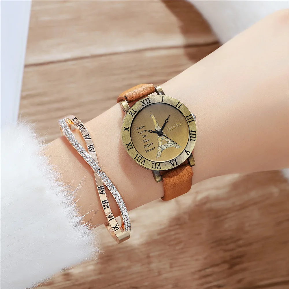 Simple Women Fashion Watches Retro Luxury Brand Ladies Quartz Wristwatches Light BrownCasual Woman Leather Clock Montre Femme