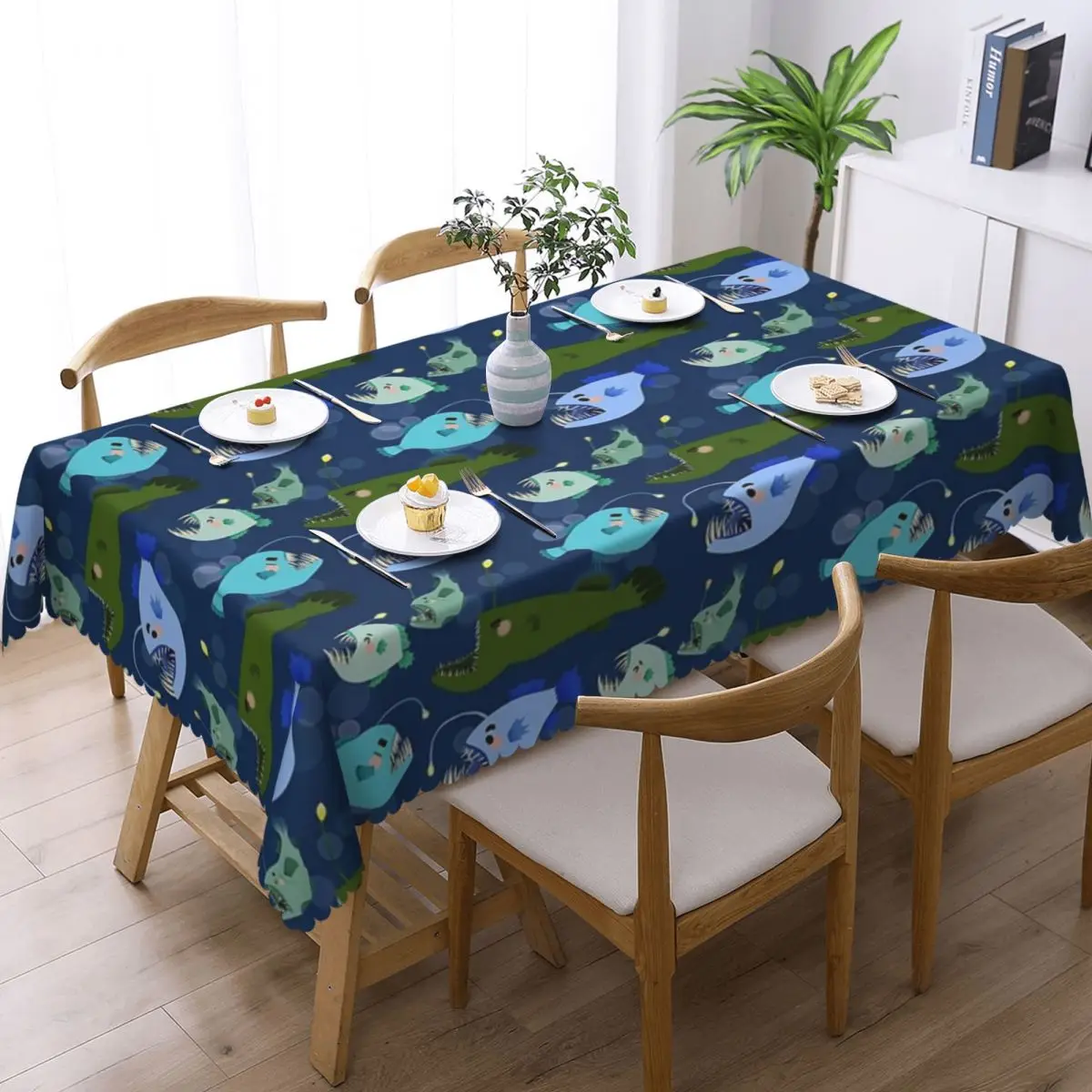 Anglerfish Fun Blue And Green Cartoon Fish Ocean Rectangular Tablecloth Oilproof Table Cover for Dining Events Table Cloth