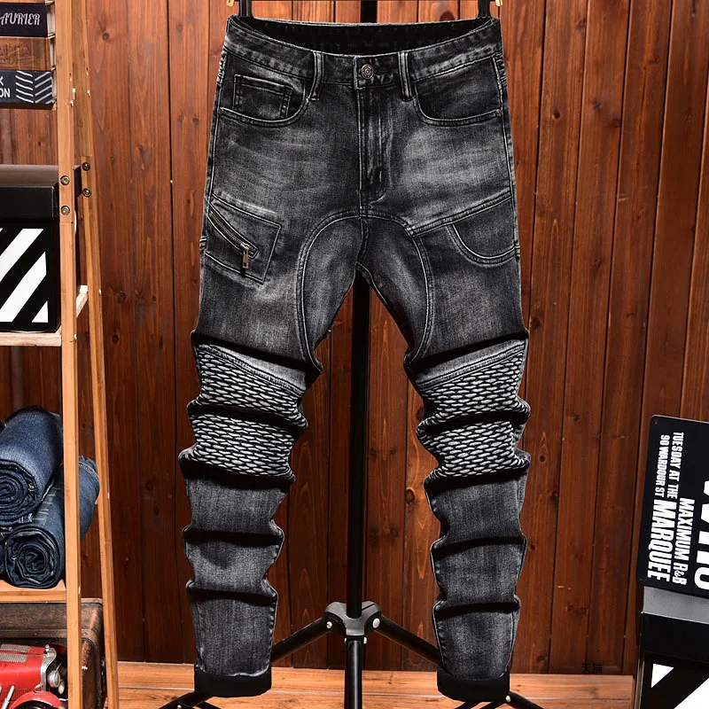 

2024 new high end jeans for MEN'S black elastic fashion brand loose straight motorcycle spliced water washed youth bicycle pants