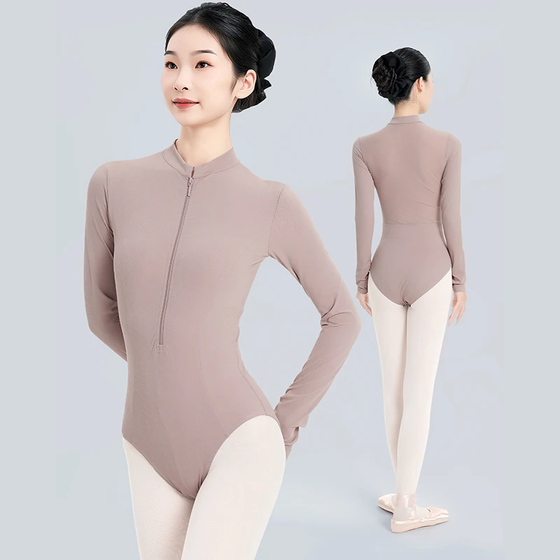 

Women Long Sleeves Open Crotch Ballet Leotard Mesh Splice Dance Bodysuit Front Zipper High Stretch Yoga Gymnastics Jumpsuit