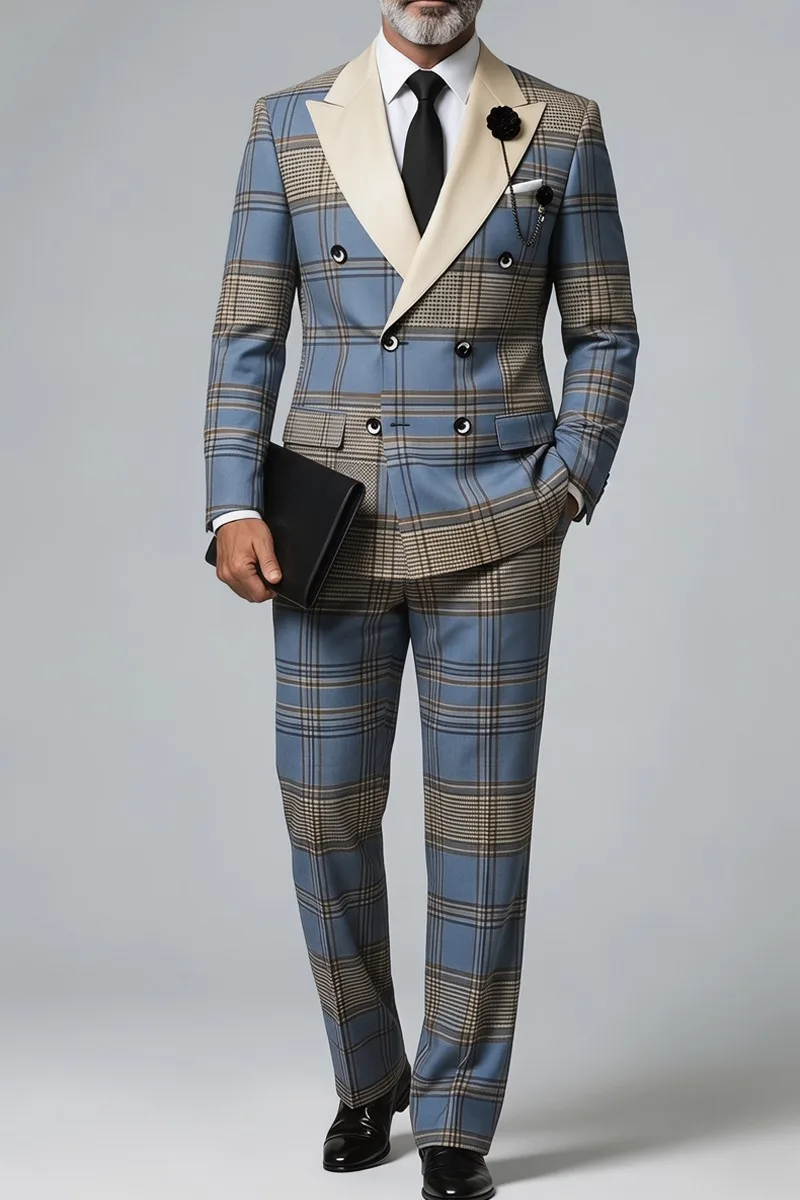 Luxury Blue Plaid Double-Breasted Suit with Contrast Cream Lapel and Flap Pockets Men Autumn Tuxedo Customized M266939