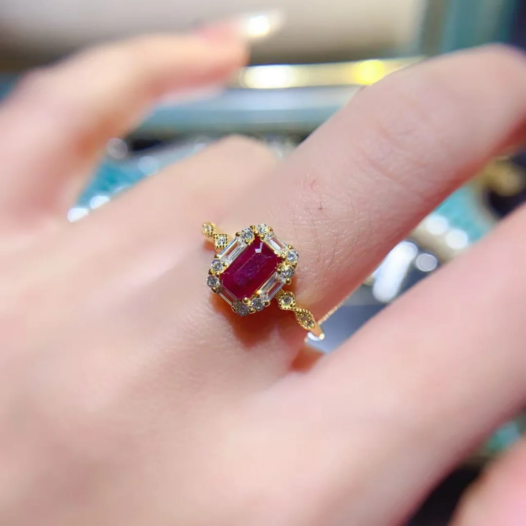Luxury Designer Collection Natural Ruby Ring 4*6mm S925 Silver Inlay Radiant Gem Refined Elegant Temperament