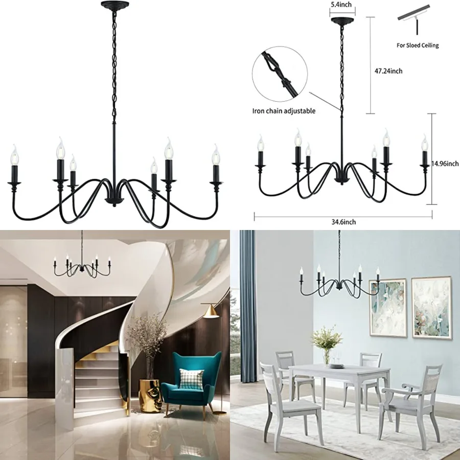

Black Chandelier, 6-Light Rustic Industrial Iron Chandeliers for Dining Room Lighting Fixtures Hanging, Candle Hanging Hallway,