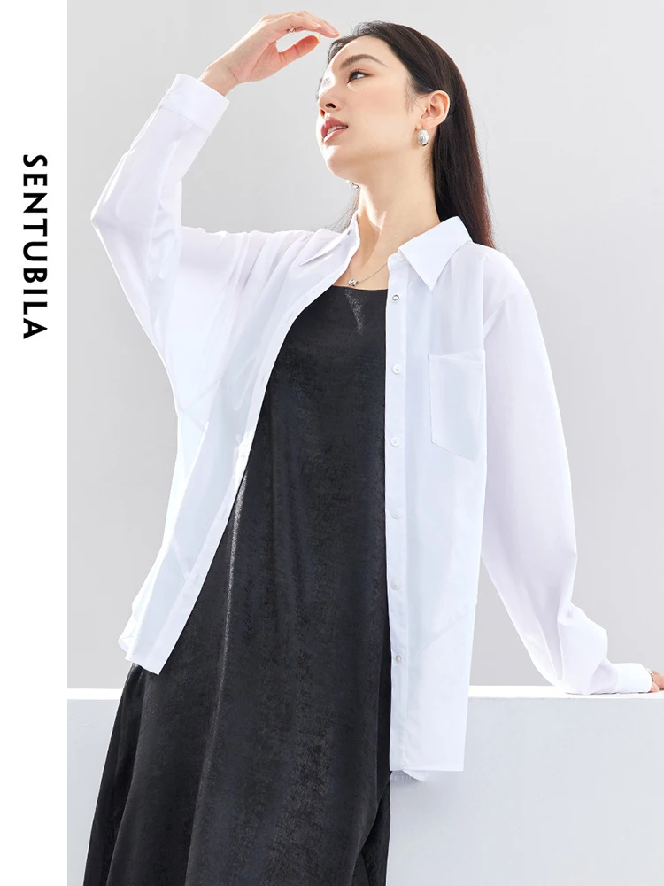 SENTUBILA Spring Lapel Cotton Blend White Shirt 2024 Simple Button Up Straight Loose Women Blouse Long Sleeve Tops 141C53053