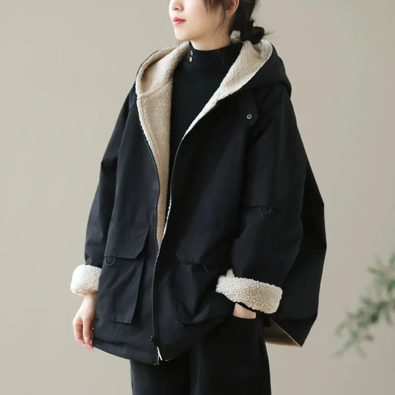 Lamb Cashmere Hooded Coat Female Winter Plus Size Loose Casual Padded Warm Cotton-padded Zipper Tooling Cotton-Padded Jacket