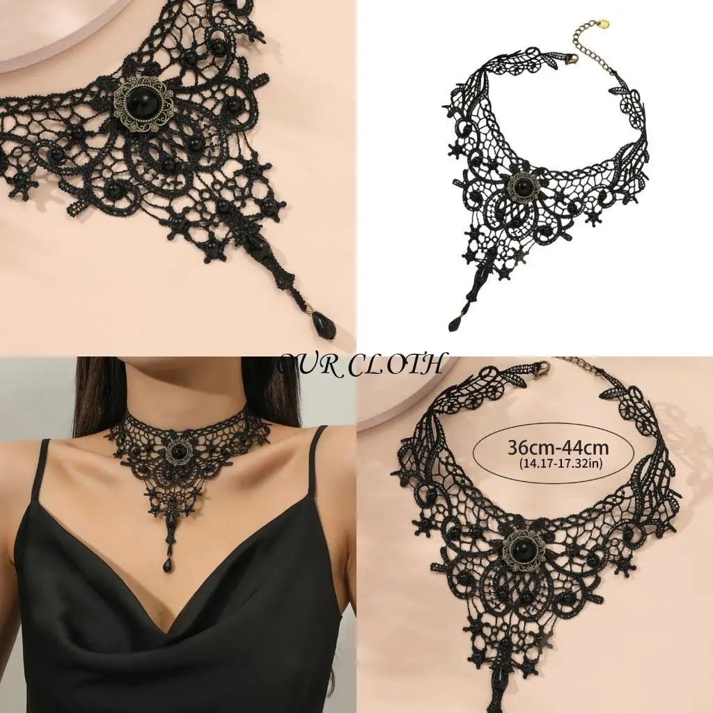 

Gothic Lace Choker Necklace with Crystal Vampires Choker Vintage Thick Choker Y1AC