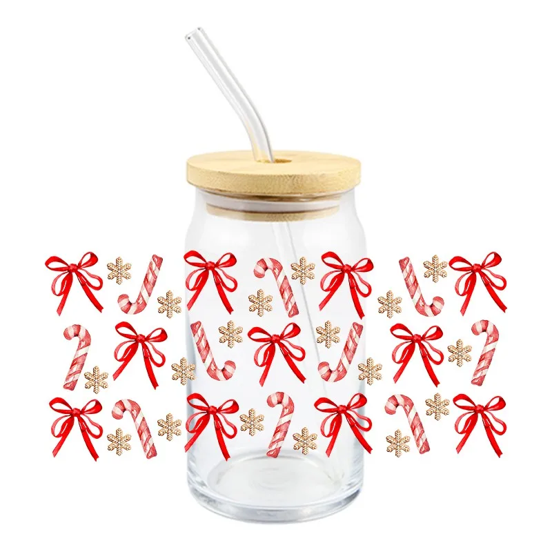 3D Fashion Funny Christmas Transfer Stickers Waterproof UV DTF Cup Mug Bows Sticker DIY Wrap Decal For 16oz Libbey Glass