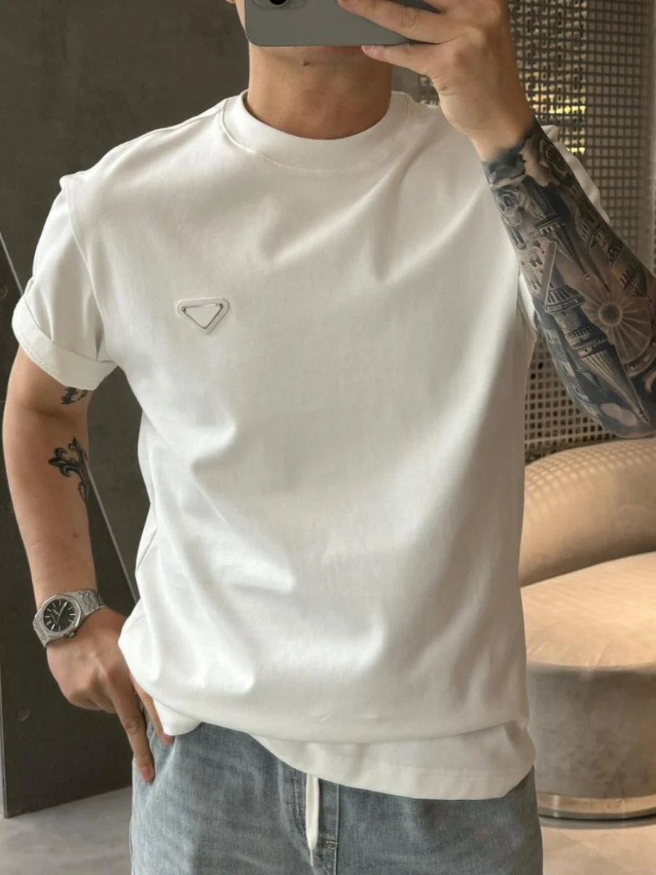 

Faionable Metal Embellied Slim Fit ort Sve T-irt Pure Cotton Color Men's Top Quali Summer Urban Sle Tee