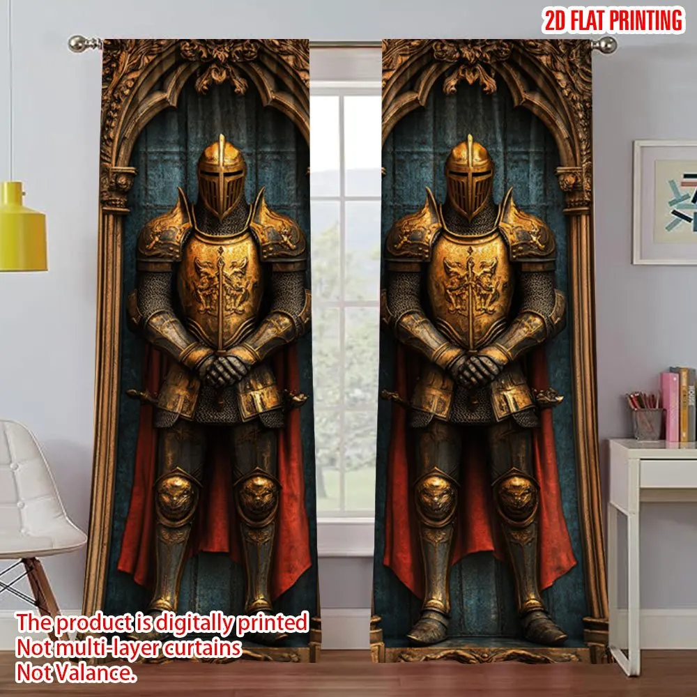 2pcs Golden Knight Armor Curtains Medieval Castle Living Room Bedroom Home Decor Window Drapes