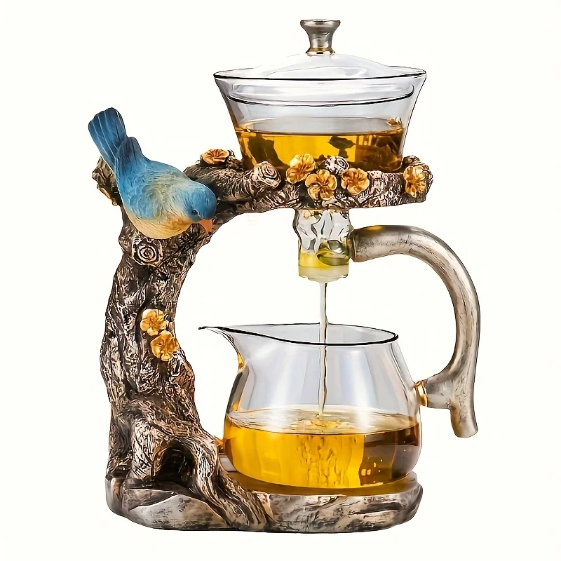 Glass Teapot Set  Bird Design Semi-auto Drip Rotating Bowl With Infuser Lazy Kungfu Tea Pot Set Teacup Magnetic Teapot Gift