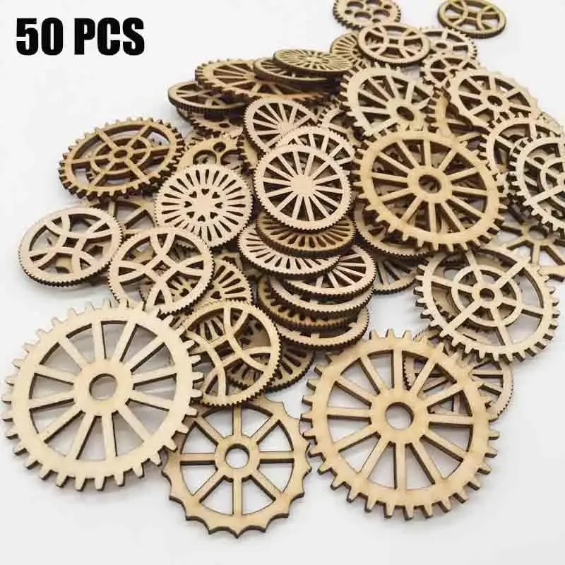 50Pcs Unfinished Gear Wooden Mixed Shaped for DIY Living Room Bedroom Table Wall Decor Bar Shop Hanging Decoration