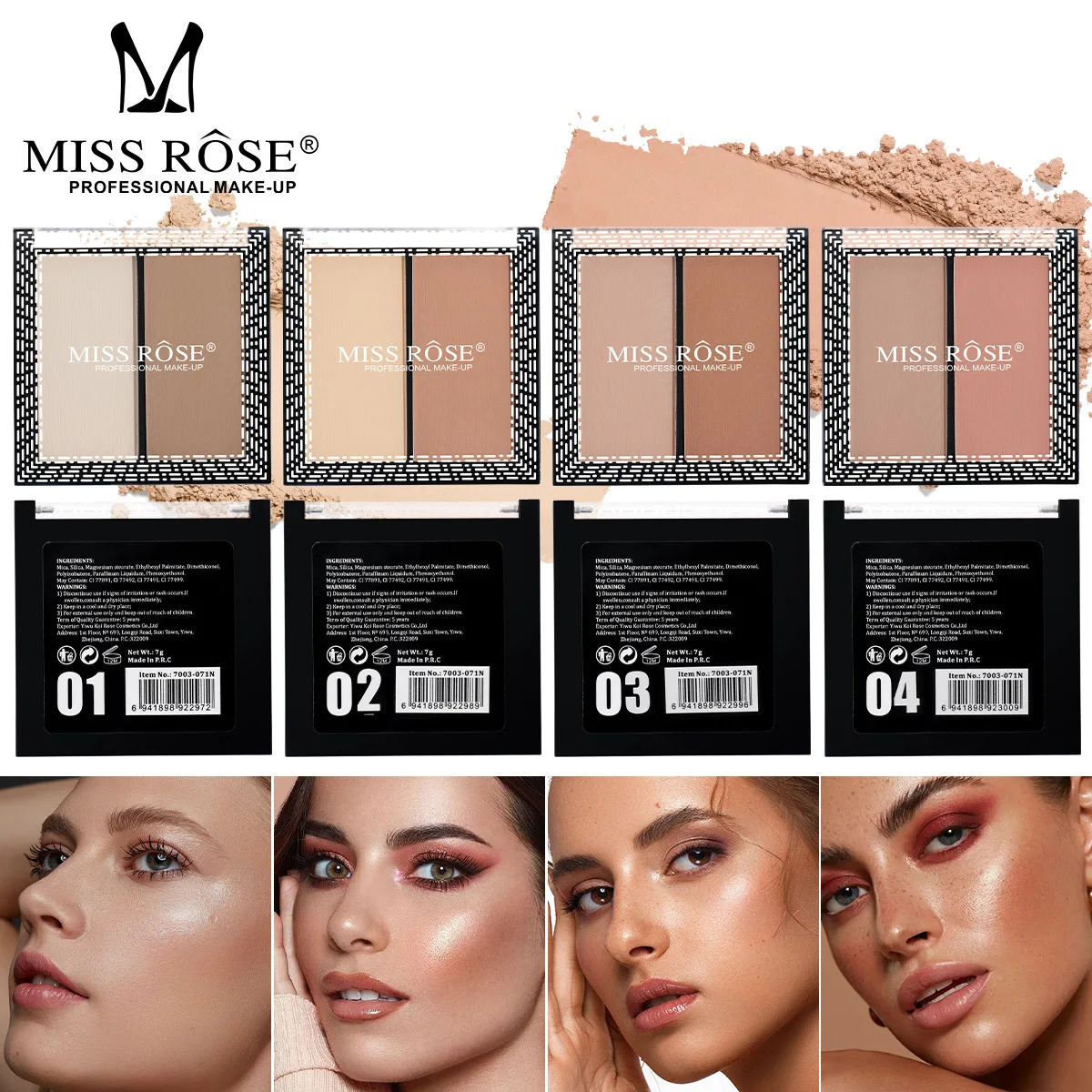 MISS ROSE Two-tone Contour Powder Natural Skin Tone Highlight Concealing Light Texture Oil Control Daily Facial Shaping Makeup
