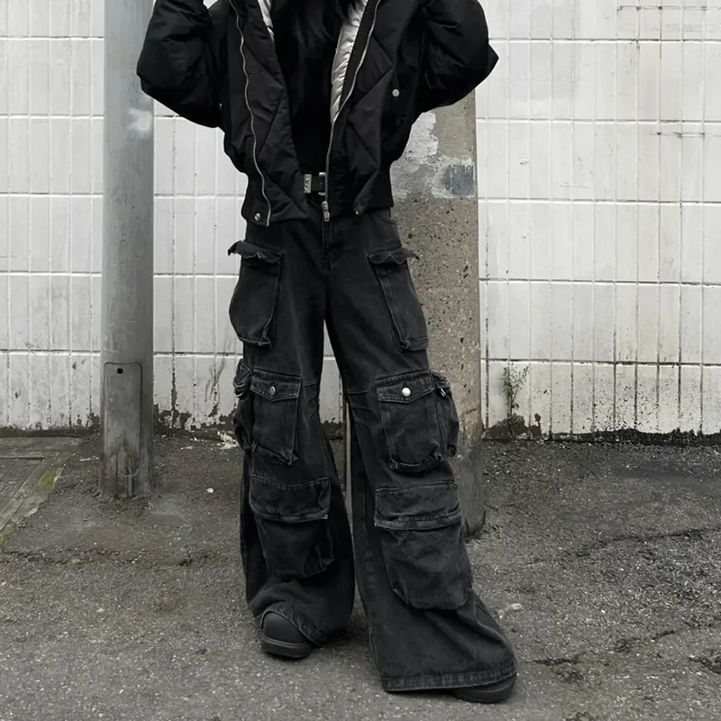 American Style Heavy Duty Multi Pocket Patchwork Design Men's Casual Bell Bottom Jeans Workwear High Waist Long Pants