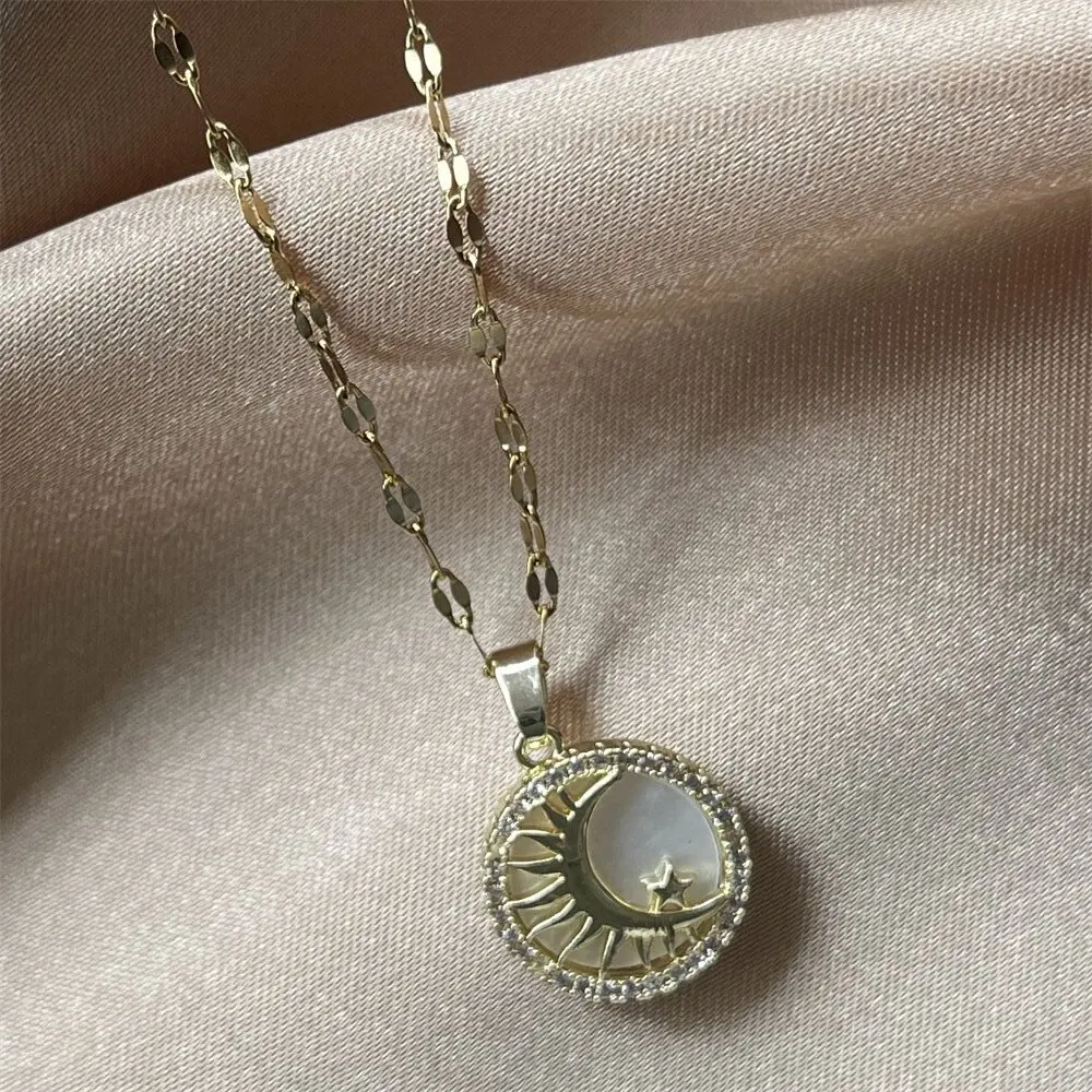 Vintage Moon And Star Round Shell Pendant Necklace For Women Gold Color Stainless Steel Chain 2024 Trend Jewelry Wedding Gift image 6