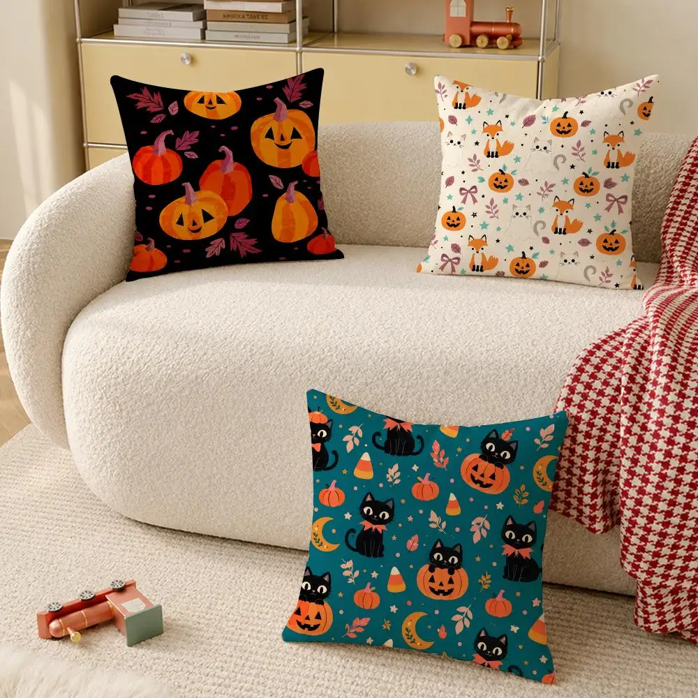 Folk Cat Pumpkin happy Halloween Cushion Cover Pillow Cover Decorative Throw Couch Home Decor for Living Room Sofa