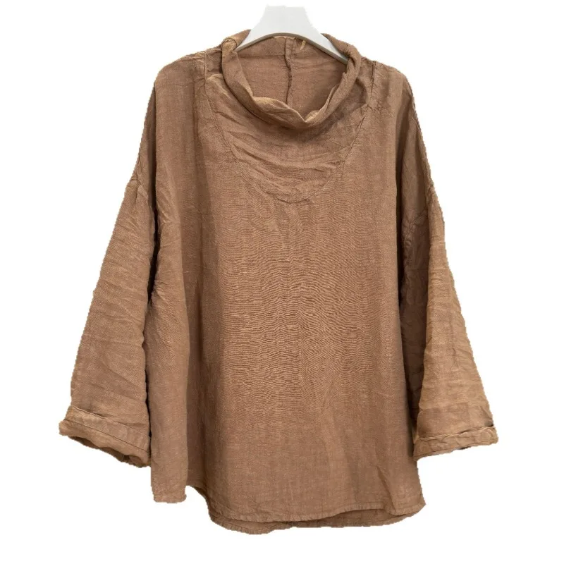 Women Vintage Linen Stand T-Shirts Long Sleeve Top Solid Color High Quality Tees 2026  New Autumn Loose Turtleneck Basic T-Shirt
