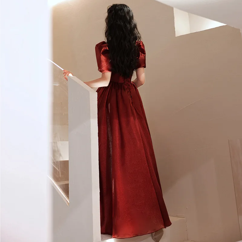 Women Puff Sleeve Square Collar Puff Sleeve Casual Summer Dress Formal Birthday Party vestidos Burgundy Simple Prom Dress