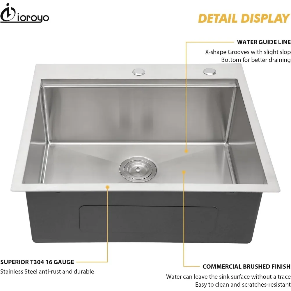 25Drop in Kitchen Sink25"x22"inch Stainless Steel Kitchen Sink 16 Gauge Single Bowl Topmount Overmount Workstaion Kitchen Sinks