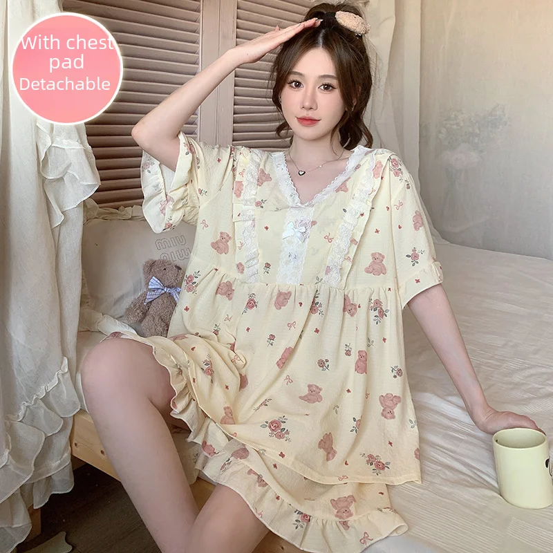 Summer Women's Pajamas Chest Pad Short Sleeves Loose Fit 300lbs Home Wear Outerwear V-neck