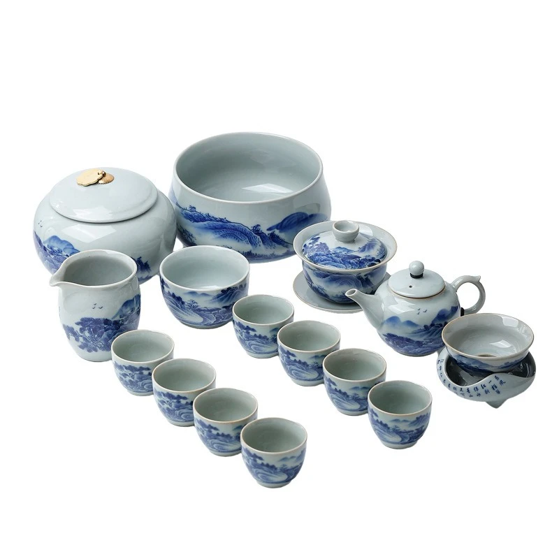 

Tea set blue and white three talent cover bowl tea cup tea cup Chinese retro gift
