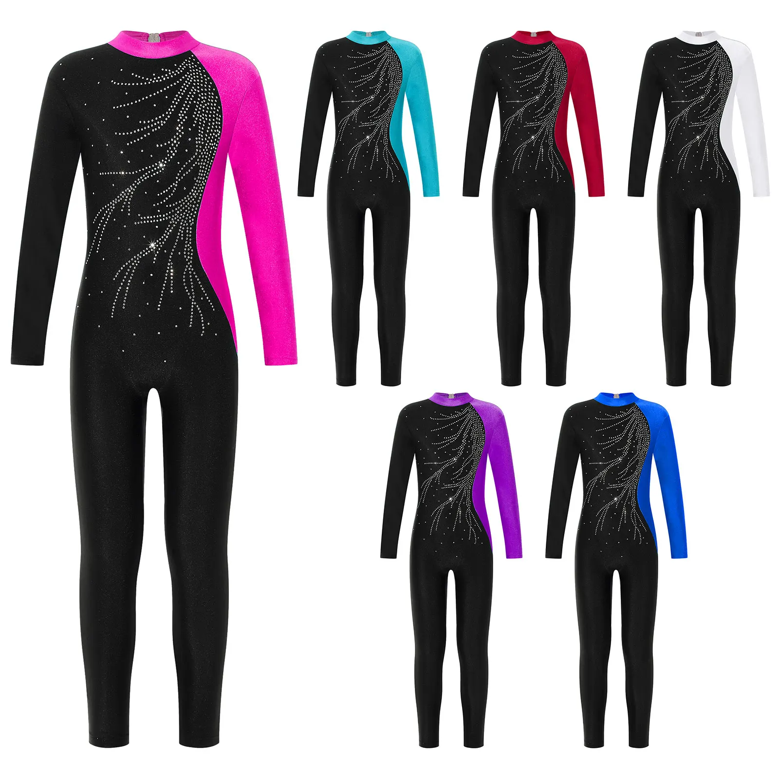 Kids Girls Long Sleeve Shiny Rhinestone Color Block Leotards Dance Gymnastic Jumpsuit for Yoga Unitards Biketards Sports Workout