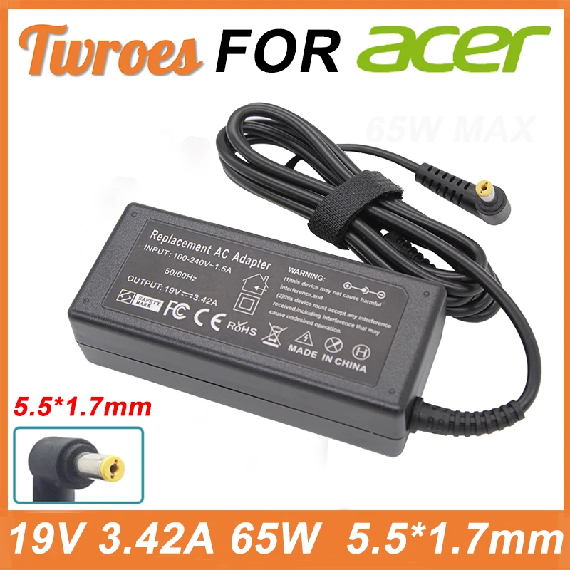 TWROES19V 3.42A 65W 5.5*1.7mm Laptop Charger Adapter AC For Acer Aspire 5315 5630 5735 5920 5535 5738 6920 6530G  Power Supply