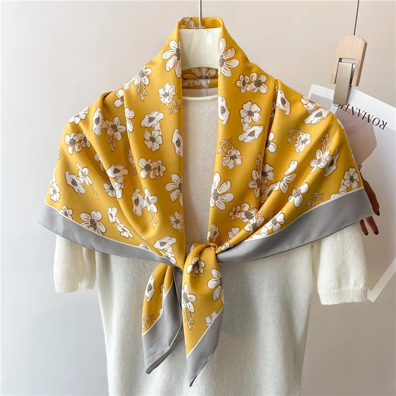 2024 Luxury 90*90cm Flower Print Silk Scarf Women Fashion Popular Scarves Shawl Bandanna Hijab Foulard Ribbon Neckerchief Wraps