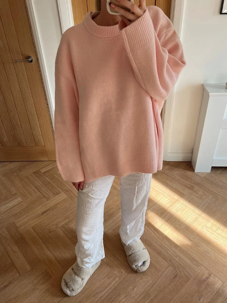 Elegant Pink Round Neck Knitted Pullover Women Fashion Loose Long Sleeve Casual Sweater 2024 Autumn Ins New Lady Street Knitwear