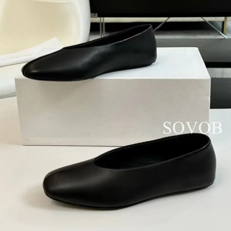 Spring Summer Genuine Leather Ballet Flat Shoes Women Retro Shallow Mouth Square Toe Loafers Versatile Single Shoes Driving Shoe