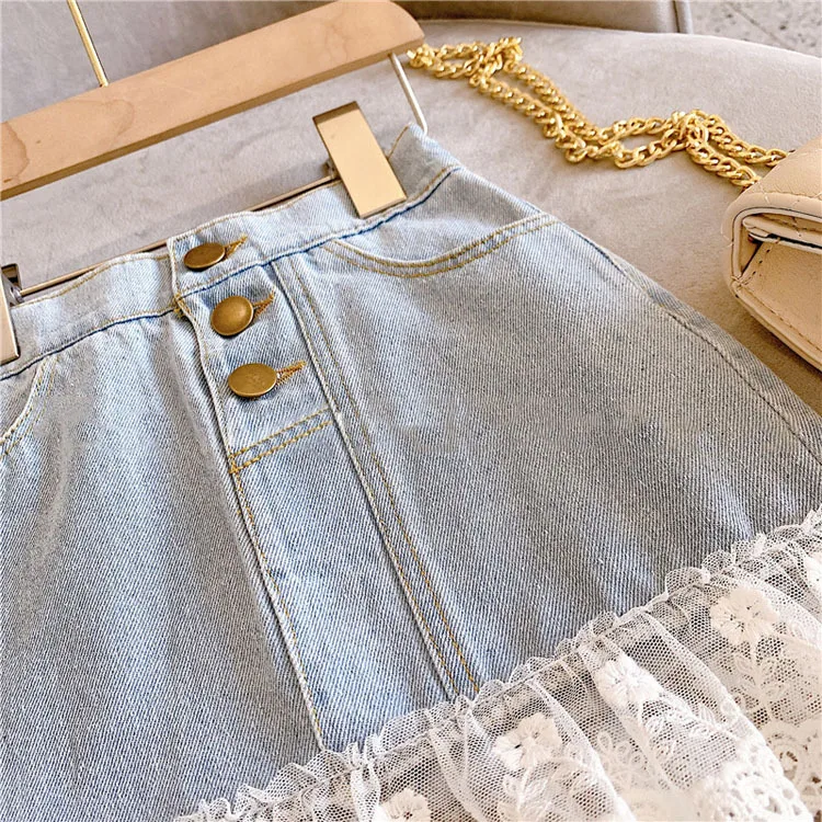 Summer Girls Skirts Jeans Baby Girl Sweet Lace Denim Skirt Fashion Kids Girls Party Skirt 2-14 Years Children Clothes