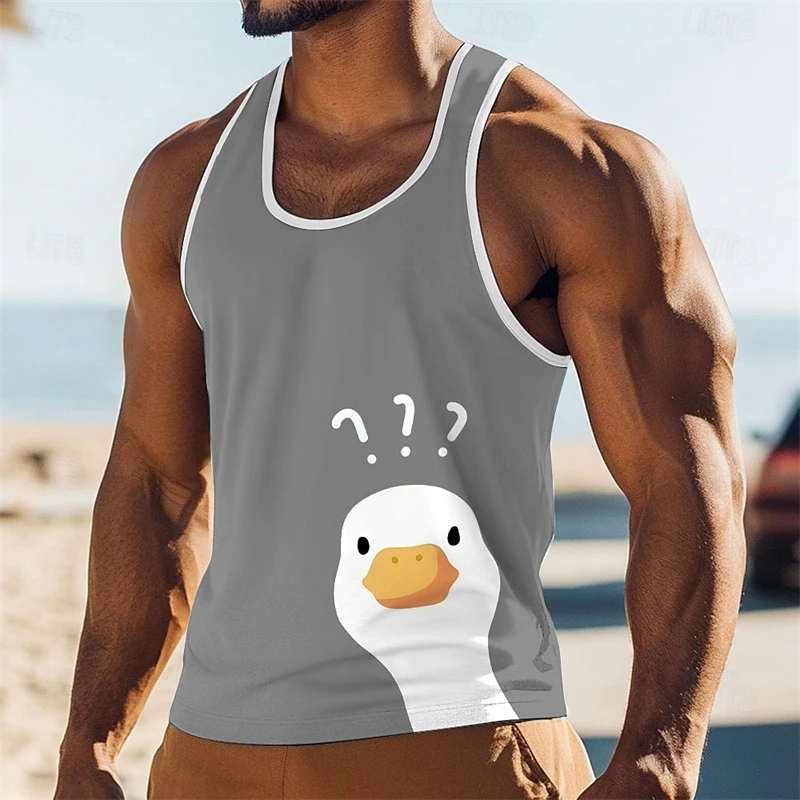 Question Mark Duck Funny Tank Top For Men Cute Cartoon Round Neck Printed Sleeveless Tee Summer Casual Breathable Loose Vest