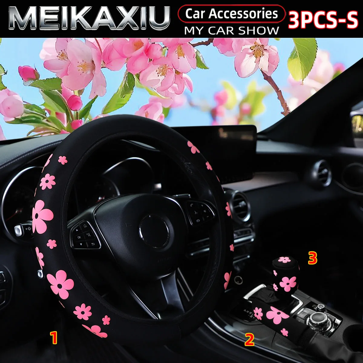 3PCS Women's Car Steering Wheel & Handbrake/Gear Shift Cover Set Foam Flowers Rimless 3D Fabric Car Accessories