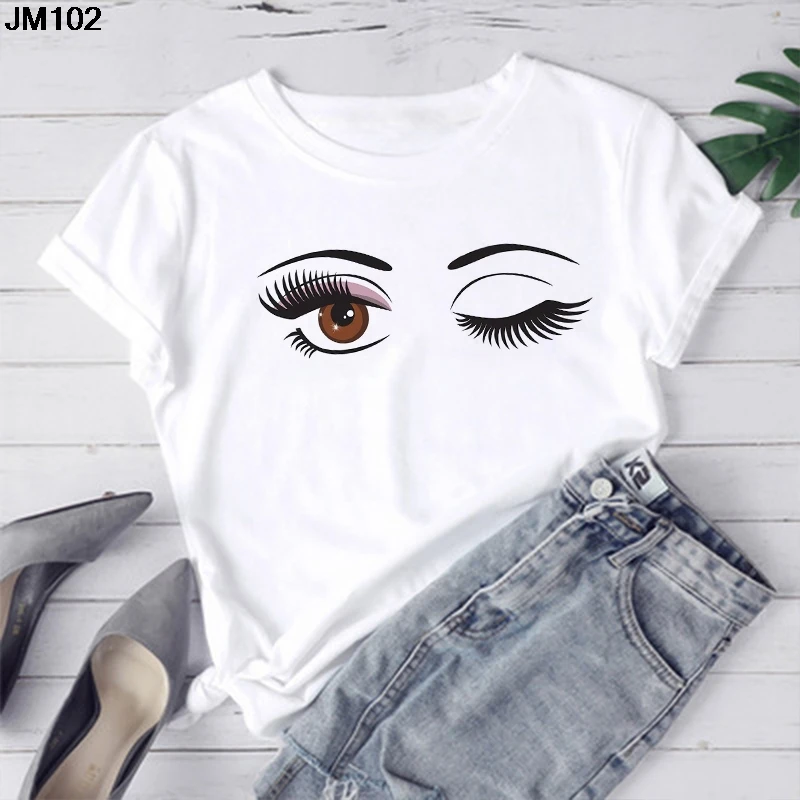 Art Eyelashes Print T Shirt Women Princess Makeup Graphic Tee Personality Hipster Summer Harajuku Woman Streetwear White T-shirt