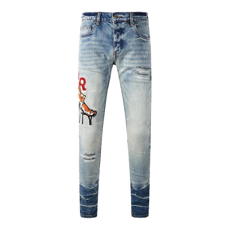 

Fashionable new men's jeans stretch slim fit washed blue tiger pattern jeans high street hip-hop brand pants hombre