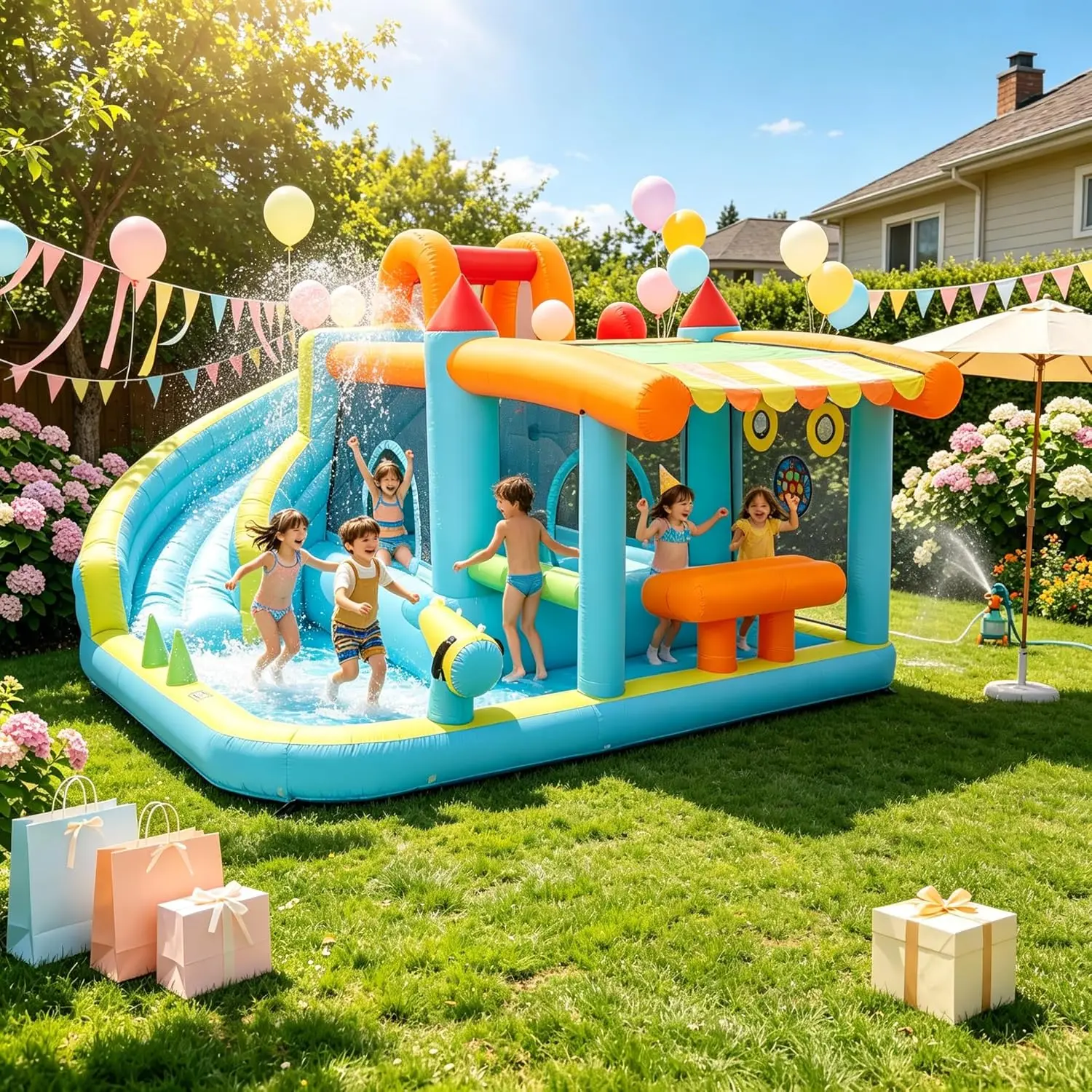 

14ft x 10ft Inflatable Bounce House with Slide and 450W Blower, 12-in-1 Water Slide Bounce House for Backyard, Indoor Outdoor Bouncy Castle for Children, Giant Jump House with Splash Pool