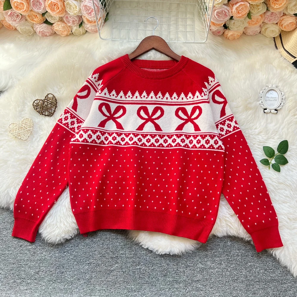 YuooMuoo Ins Fashion Aesthetic Sweaters Women 2025 Autumn Winter Vintage Y2K Bows Jacquard Pullover Korean Lady Knitted Tops