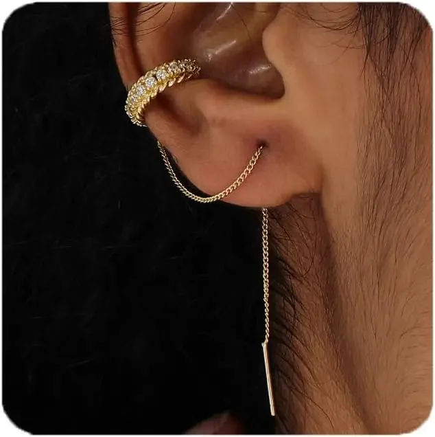 Vintage Diamond Geometric C Shaped Clip Earrings Gold Cord Chain Tassel Drop Earring for Women Graduation Party Jewelry Gift