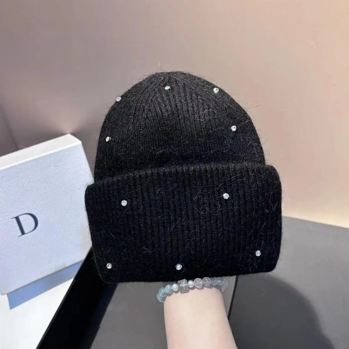 2026 1PC New Winter Rhinestone Min Knitted Hat Fashionable and Warm Rabbit Fur Ear Protection Hat Double Folded Hat