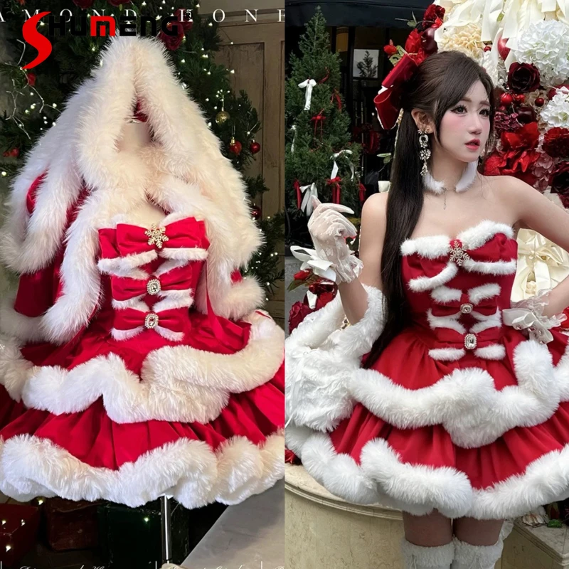 

Winter Festival Christmas New Year Dress Rabbit Ears Red Cloak Princess Cake Dress New 2025 Women's Furry Bow Lolita Dress Suits