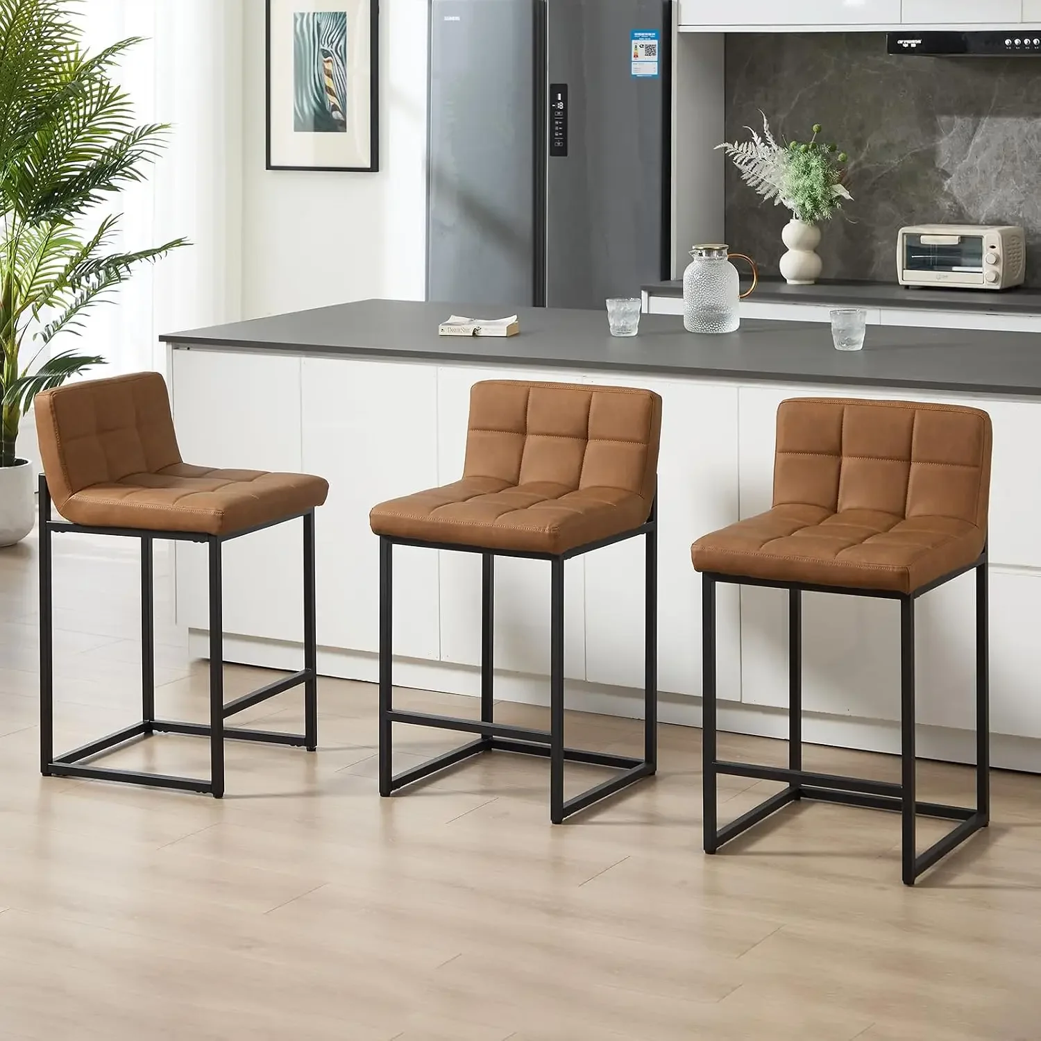 24 Inch Counter Height Bar Stools Set of 3, Modern Kitchen Barstools with Low Back and Black Sturdy Metal Legs, Faux Leather Uph