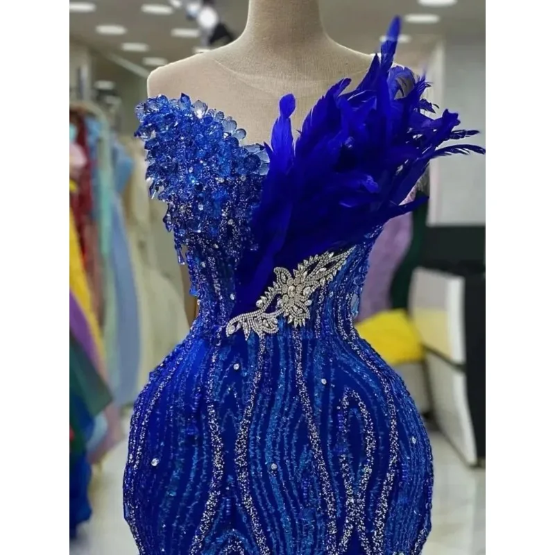 Royal Blue Sequin Feather Mermaid Evening Dress Off Shoulder Formal Prom Gown 2025 New Party Dress Vestdos De Fiesta Customized